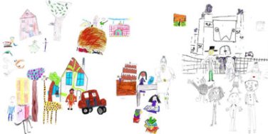 Original-children's-drawings-in-place-on-one-of-the-boards